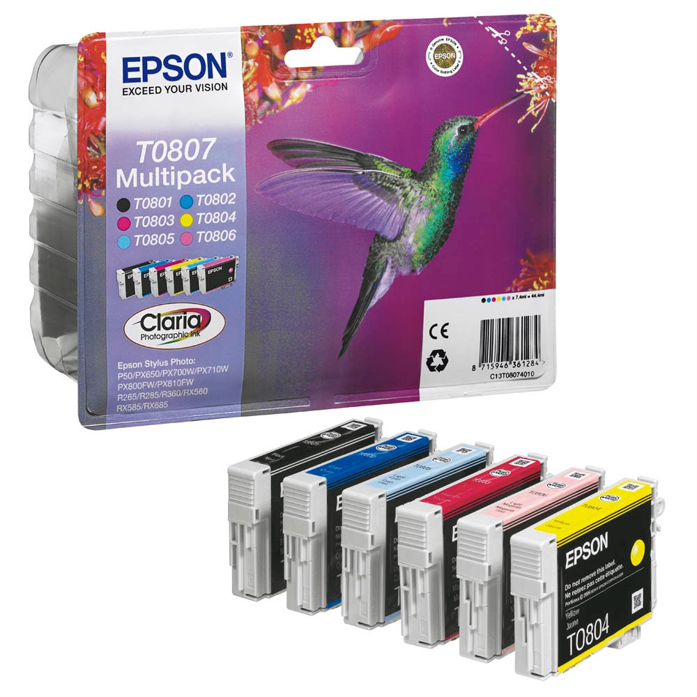 Epson Tintenpatrone gelb, cyan light, magenta light, magenta, schwarz, cyan (C13T08074011, T0807)