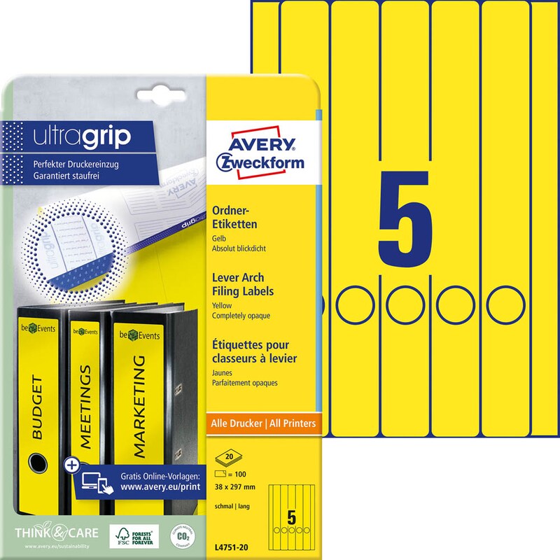 AVERY Zweckform Ordneretiketten L4751-20 gelb, 20 Blatt
