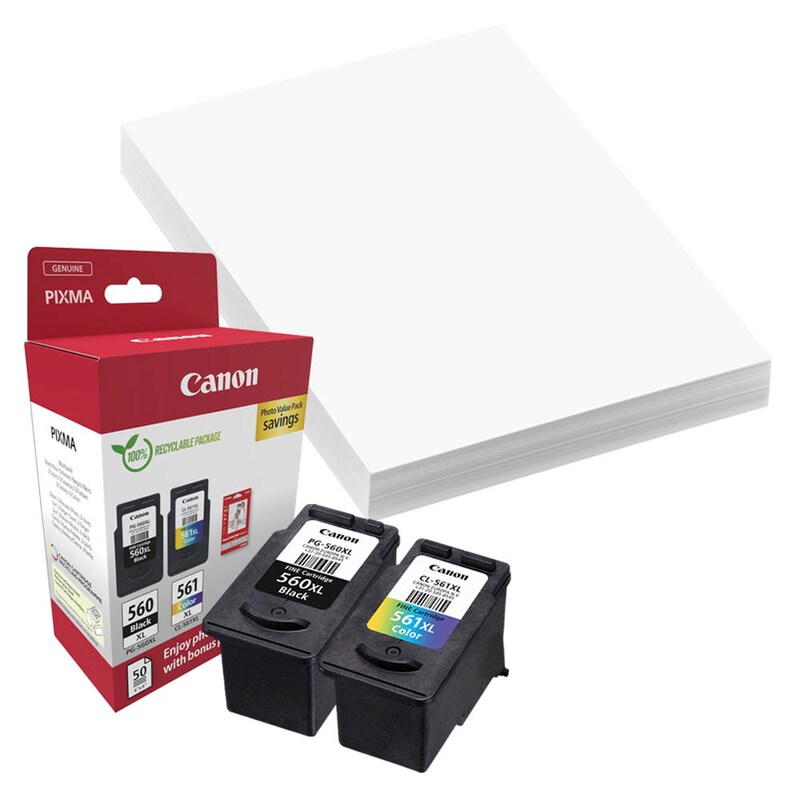 Canon Tintendruckkopf + Papier cyan/magenta/gelb, schwarz (3712C008, CL-561, PG-560)