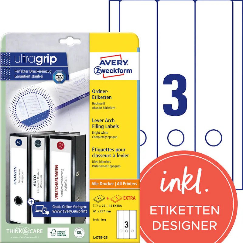 AVERY Zweckform Ordneretiketten L4759-25 weiß, 30 Blatt