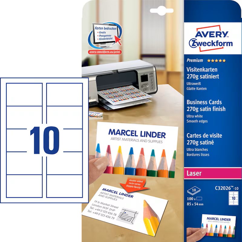 AVERY Zweckform Visitenkarten C32026-10 satiniert weiß 270 g/qm, 100 St.
