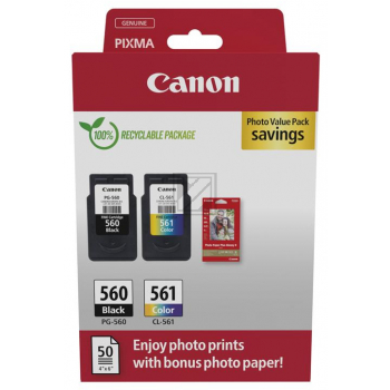 Canon Tintenpatrone + Papier cyan/magenta/gelb, schwarz (3713C008, CL-561, PG-560)