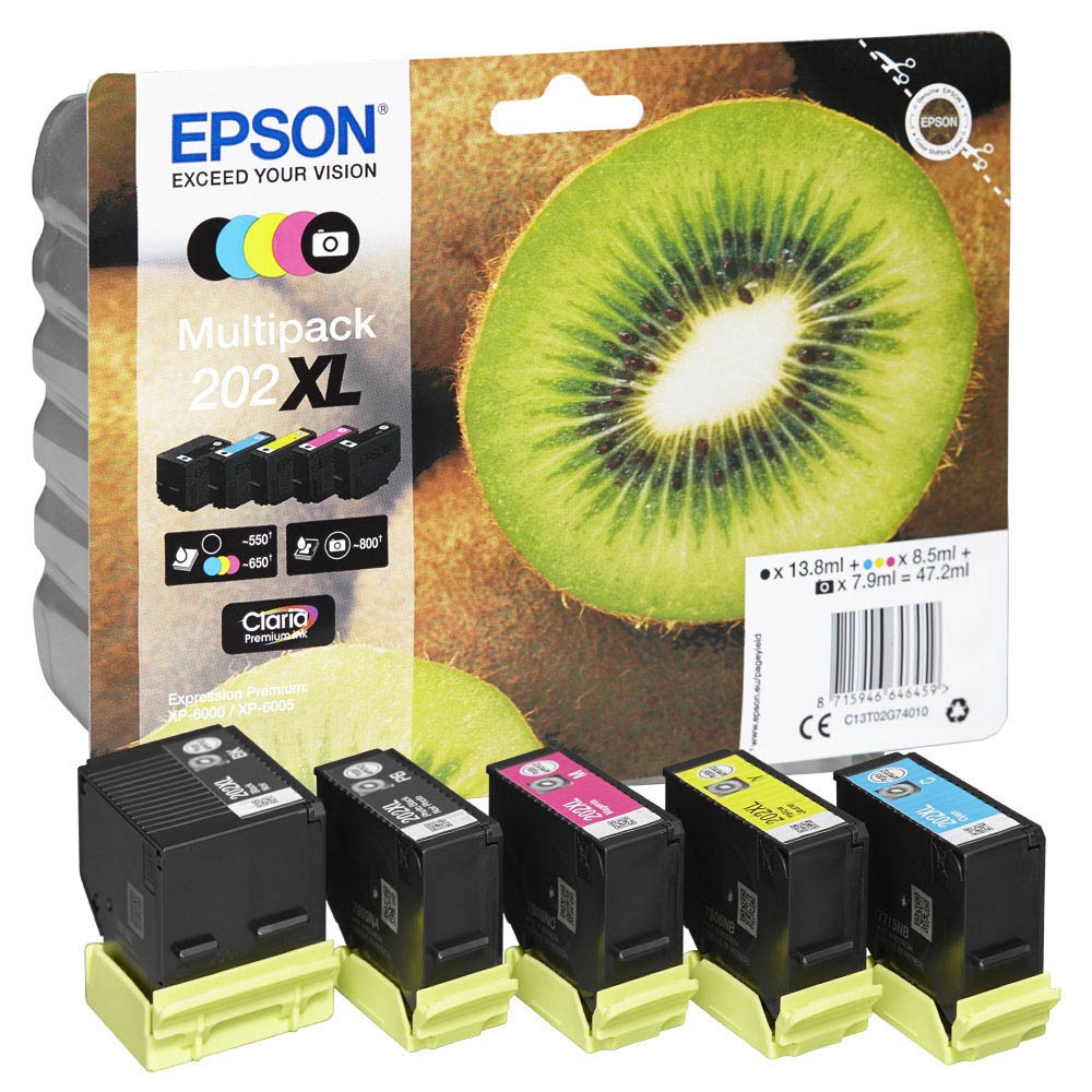 Epson Tintenpatrone gelb, magenta, schwarz, schwarz photo, cyan HC (C13T02G74010, 202XL)