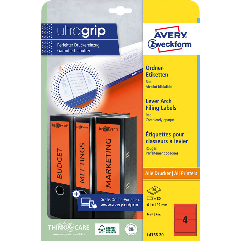 AVERY Zweckform Ordneretiketten L4766-20 rot, 20 Blatt