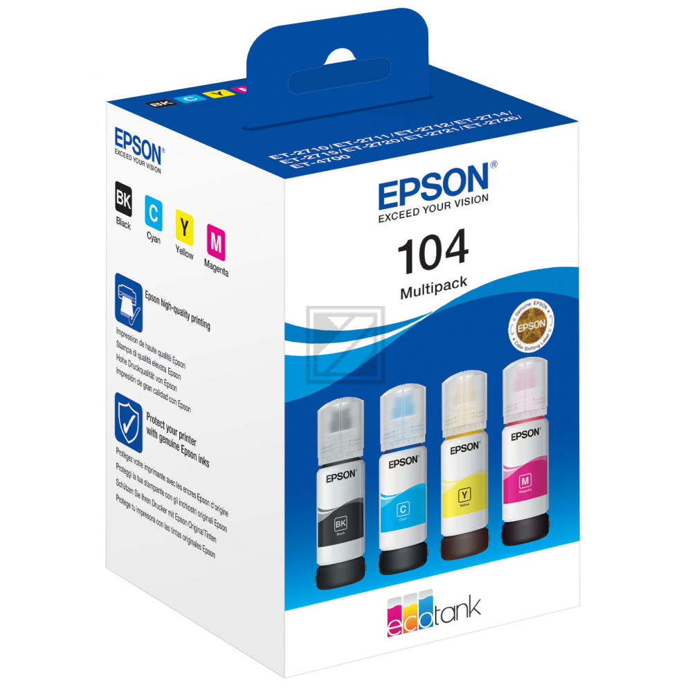 Epson Tintennachfüllfläschchen (ecotank) gelb, magenta, schwarz, cyan (C13T00P640, 104)