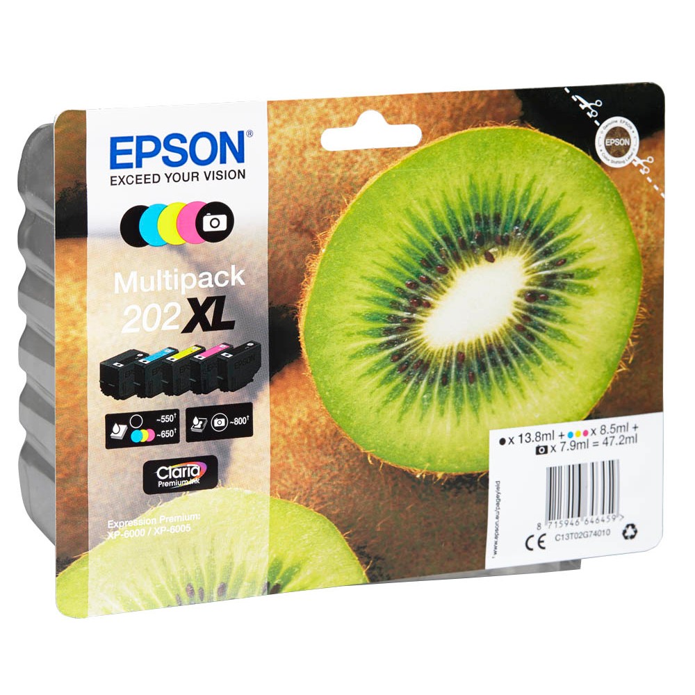 Epson Tintenpatrone gelb, magenta, schwarz, schwarz photo, cyan HC (C13T02G74010, 202XL)