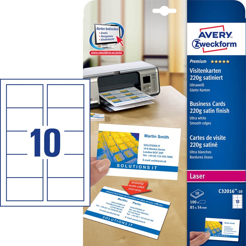AVERY Zweckform Visitenkarten C32016-10 satiniert weiß 220 g/qm, 100 St.